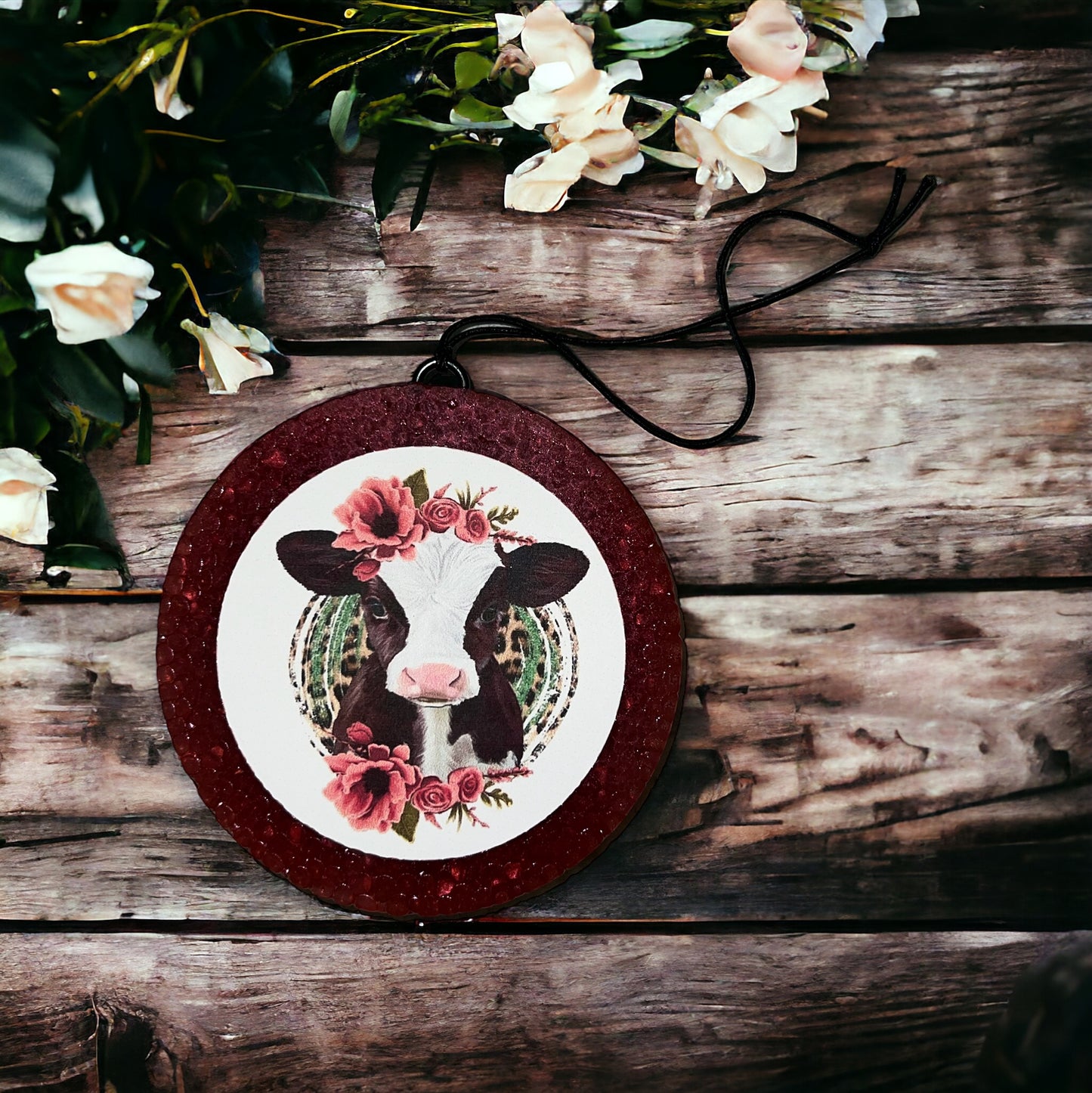 Baby cow with flowers car freshie